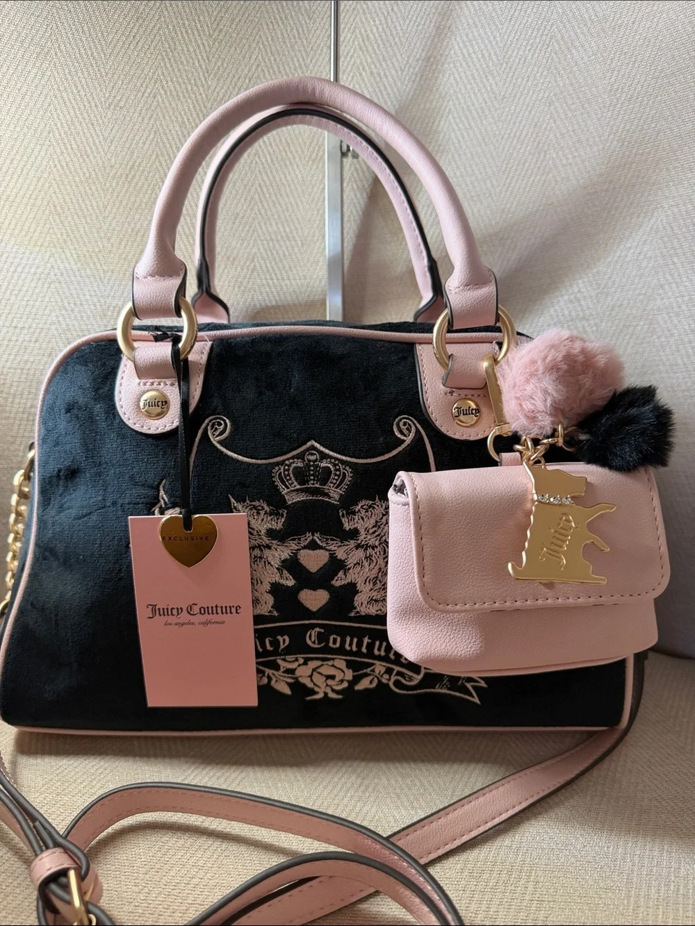 Juicy Couture Pink and Black Velvet Satchel with Detachable Pouch